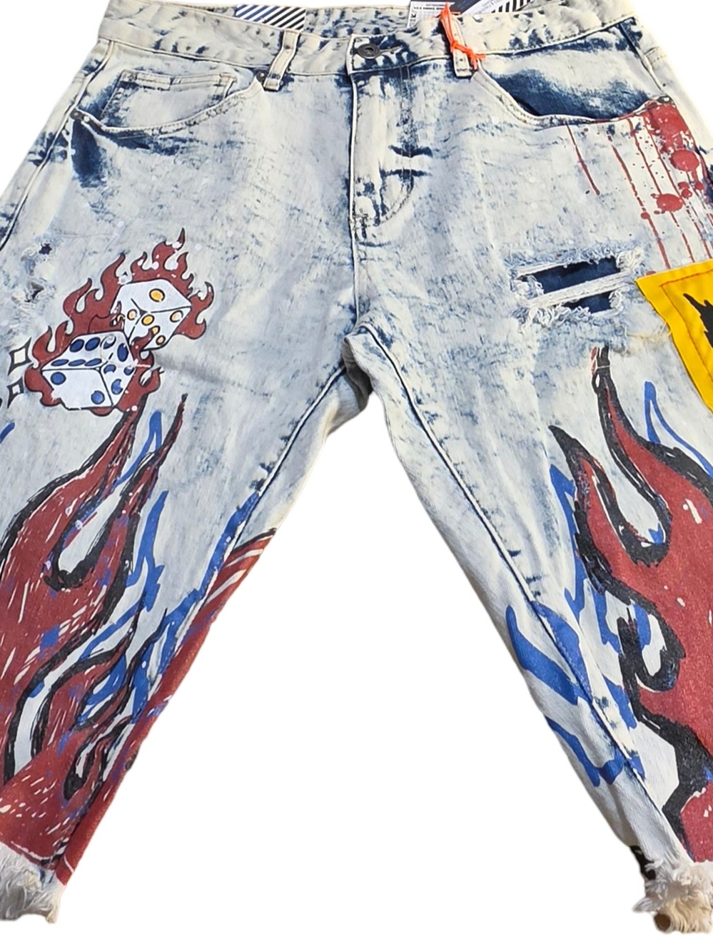 Rare Smoke Rise Men's Light Wash Denim Jeans with Red & Blue Flame Graphics